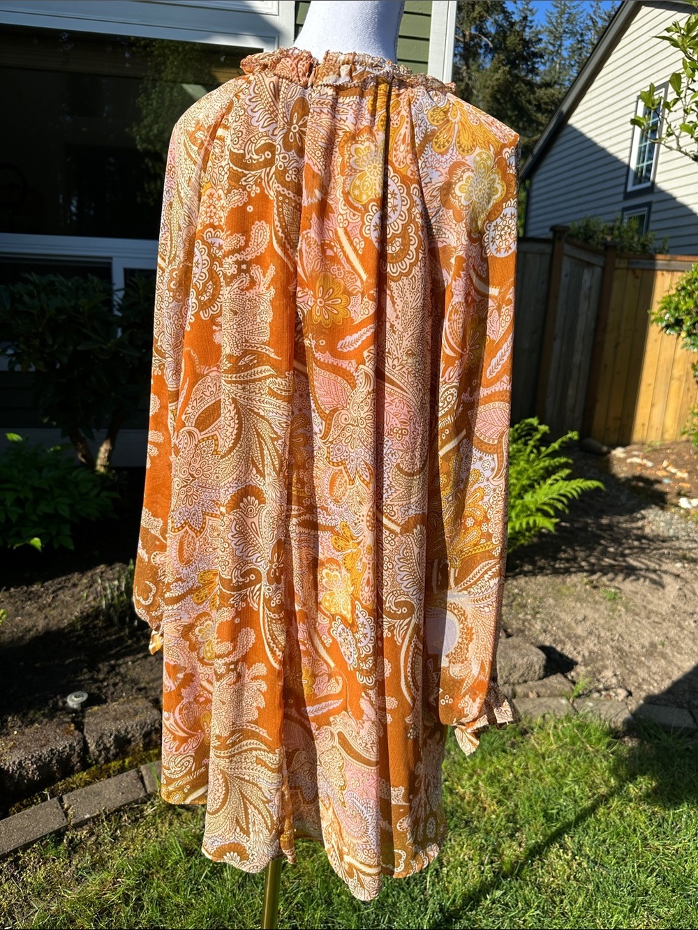 Haute Hippie retro burnt orange Floral trapeze chiffon dress - Picture 3 of 11